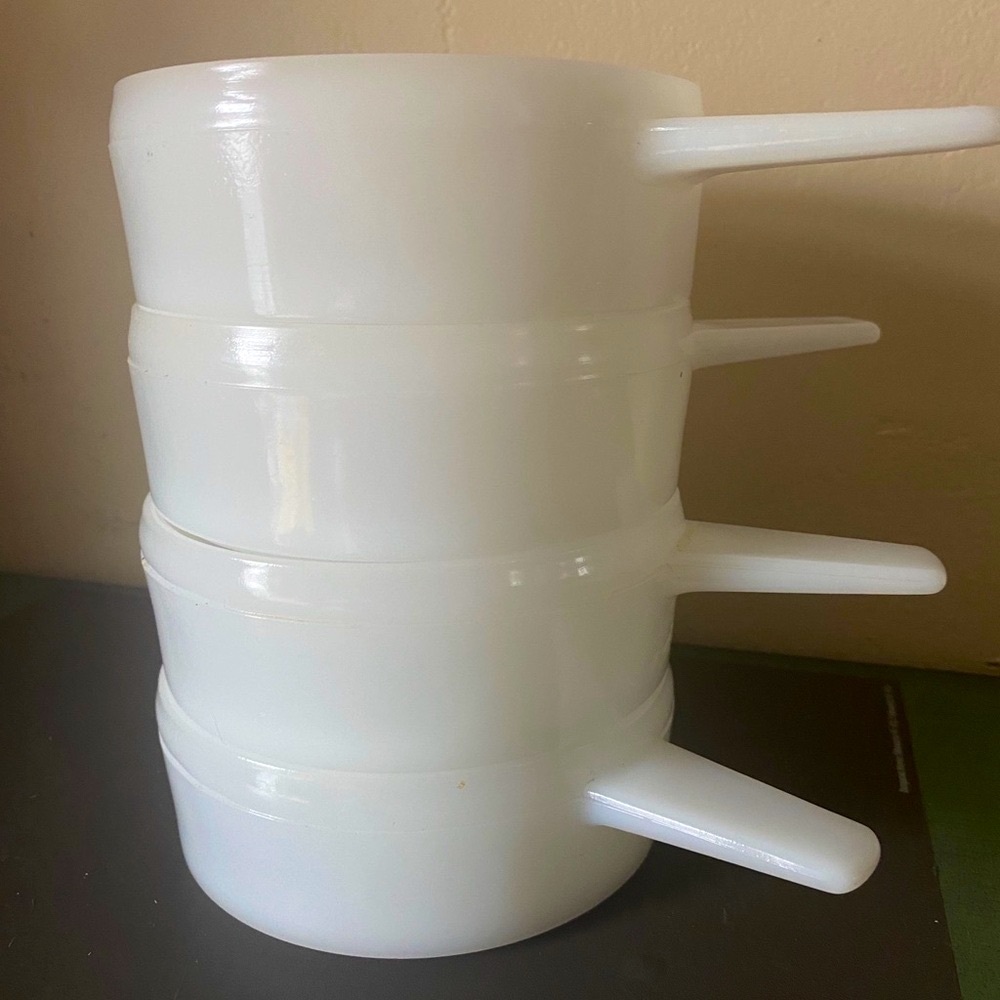 Ovenware milk-glass heavy duty dishes, soup bowls with handles. Set of 4.